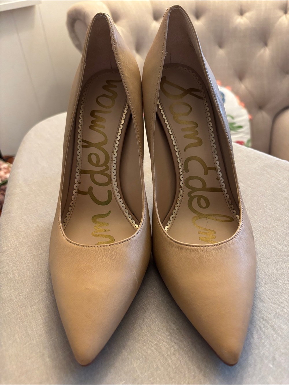 Sam Edelman Beige Pointed-Toe Leather Pumps